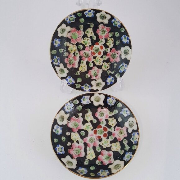Vintage Cloisonne Enamel Floral Flowered Trinket Dishes 1960 Set of 2 Japan - Picture 2 of 4